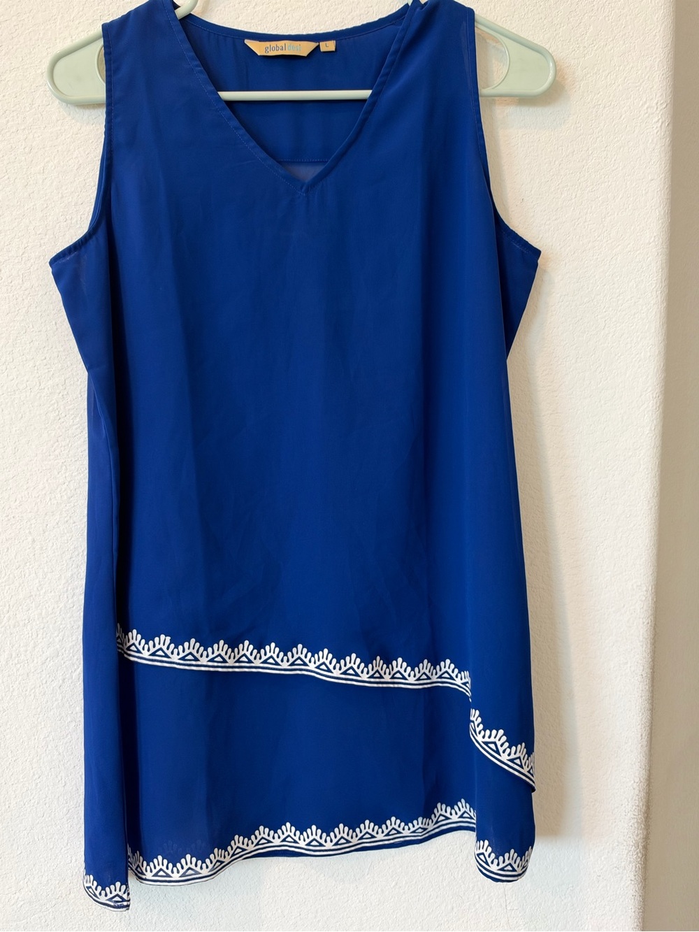 Global Desi Royal Blue Sleeveless V-Neck Tunic with White Trim